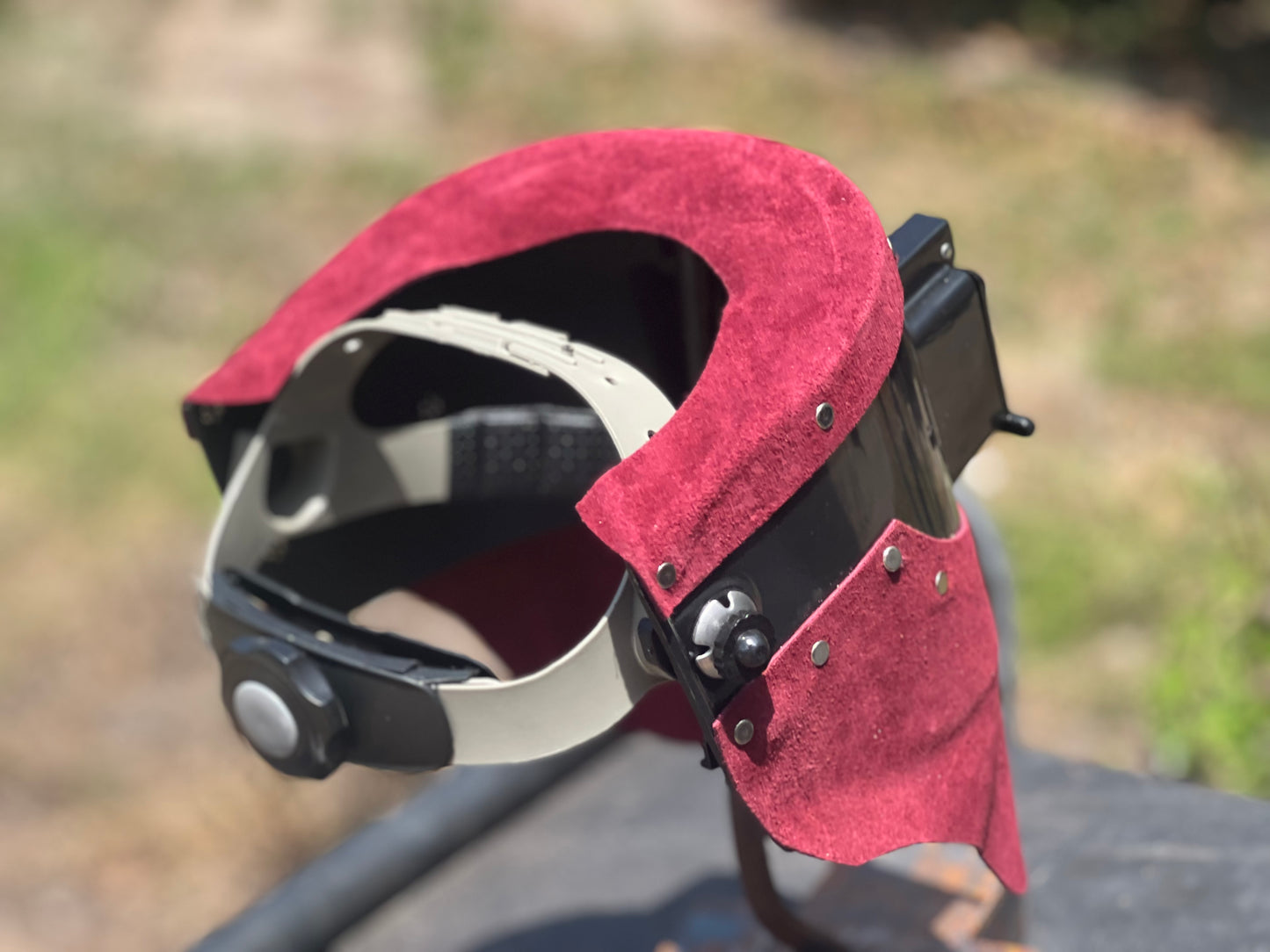 Maroon leather flip lense auto darkening welding custom helmet