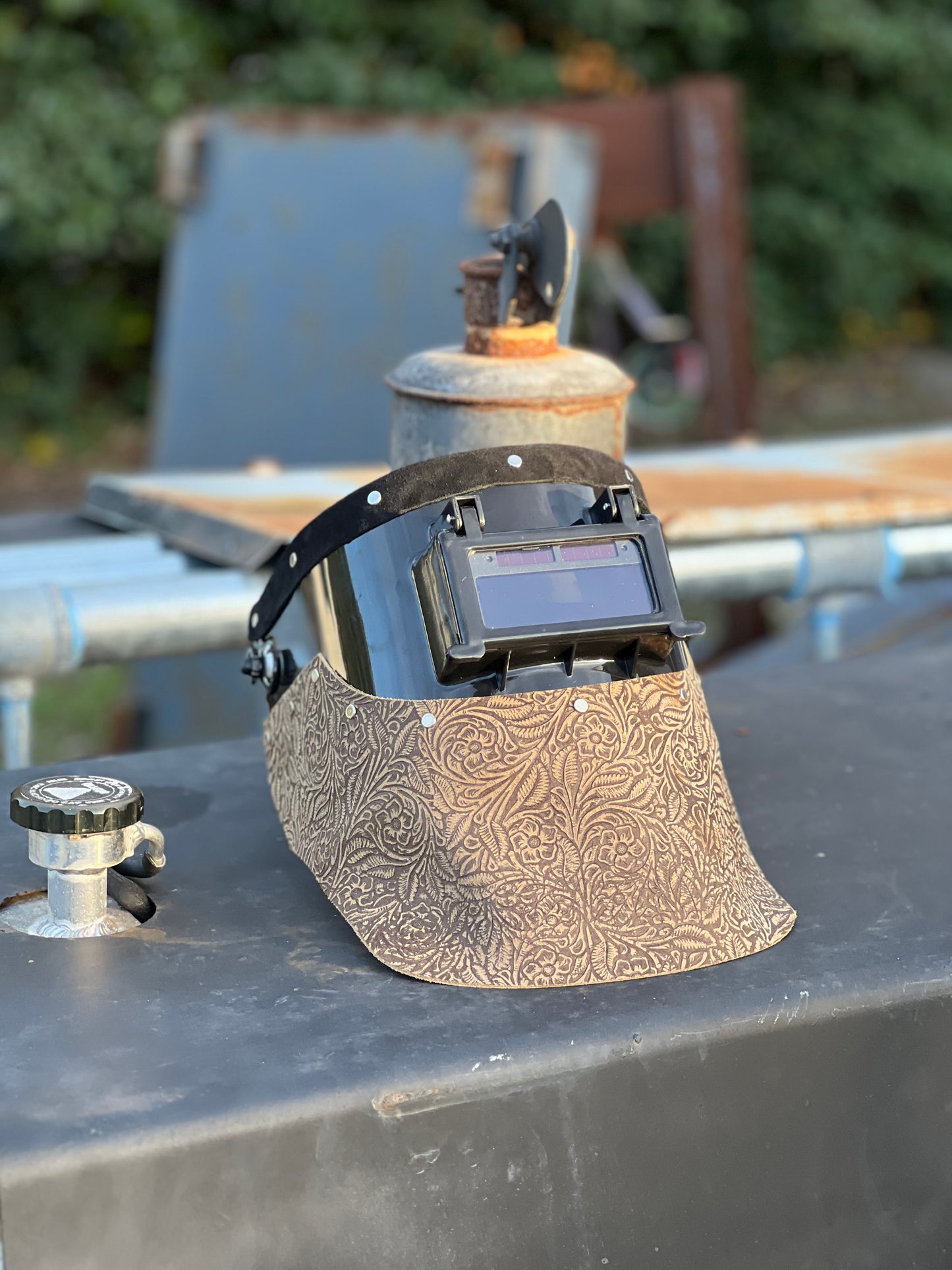 Tan floral welding hood