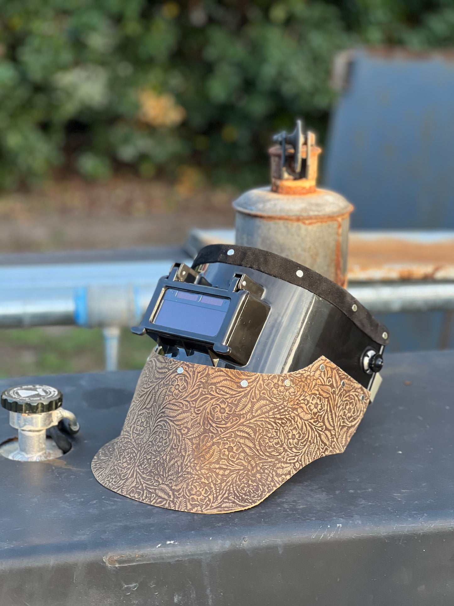 Tan floral welding hood