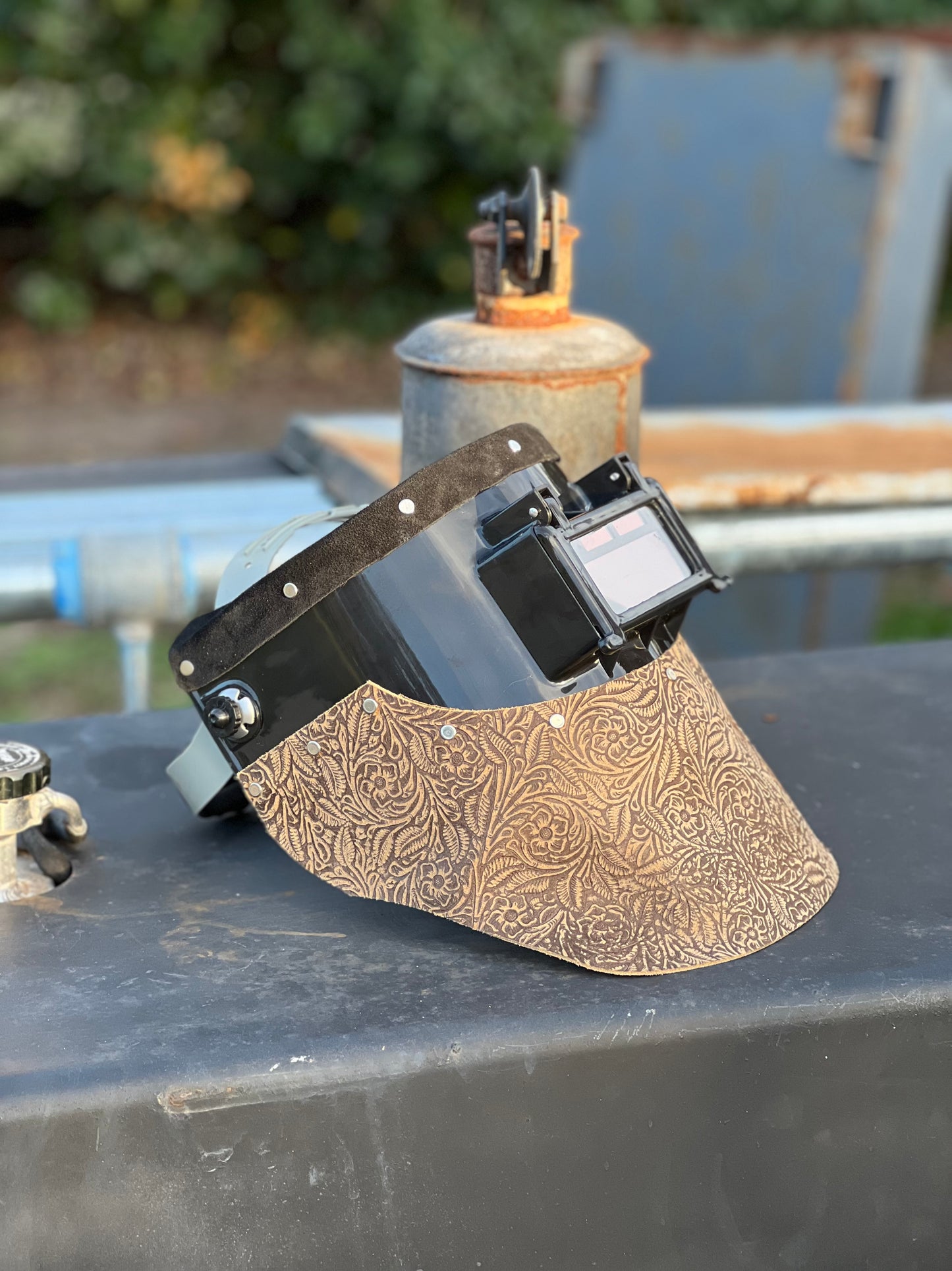 Tan floral welding hood