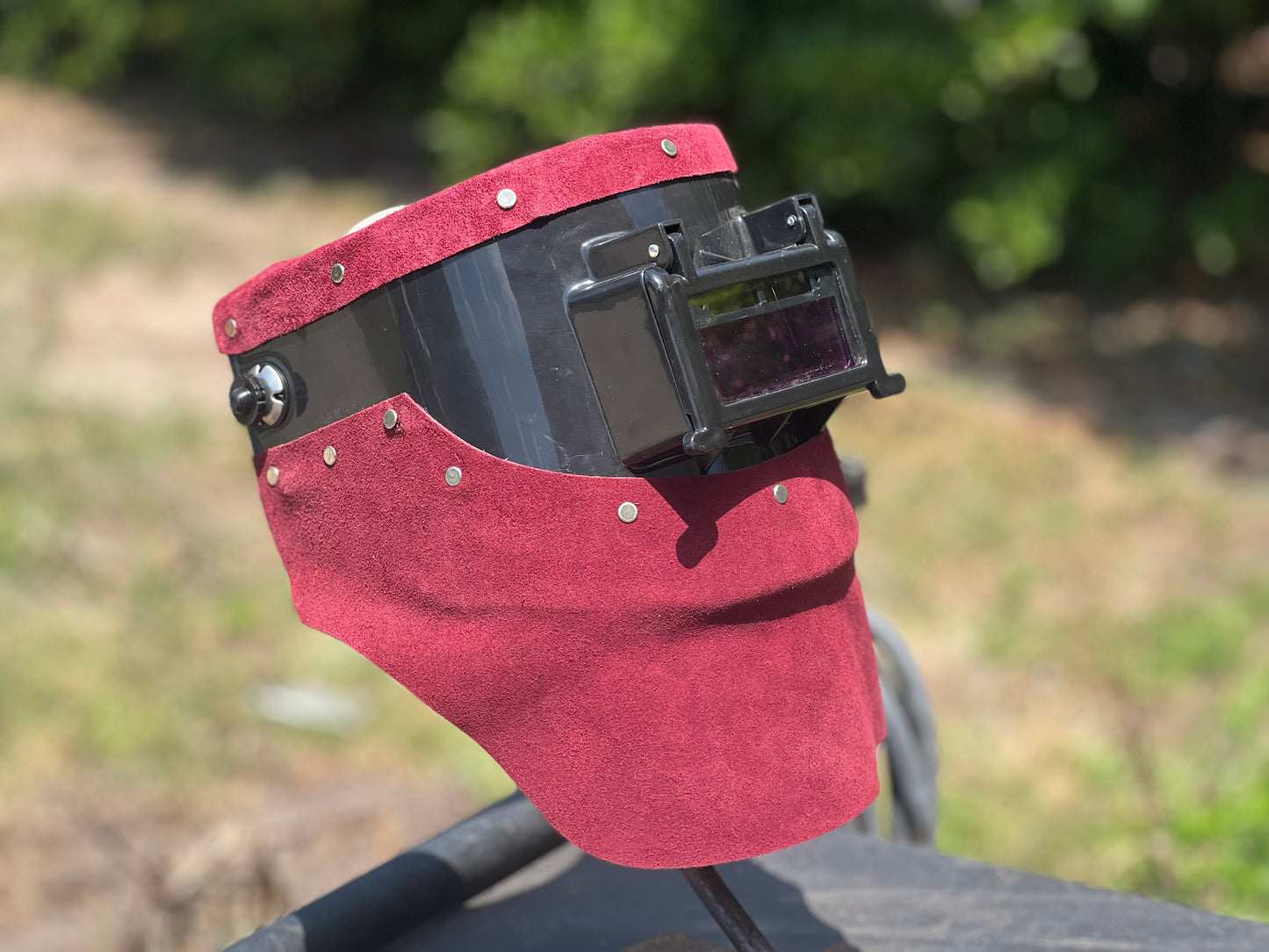 Maroon leather flip lense auto darkening welding custom helmet