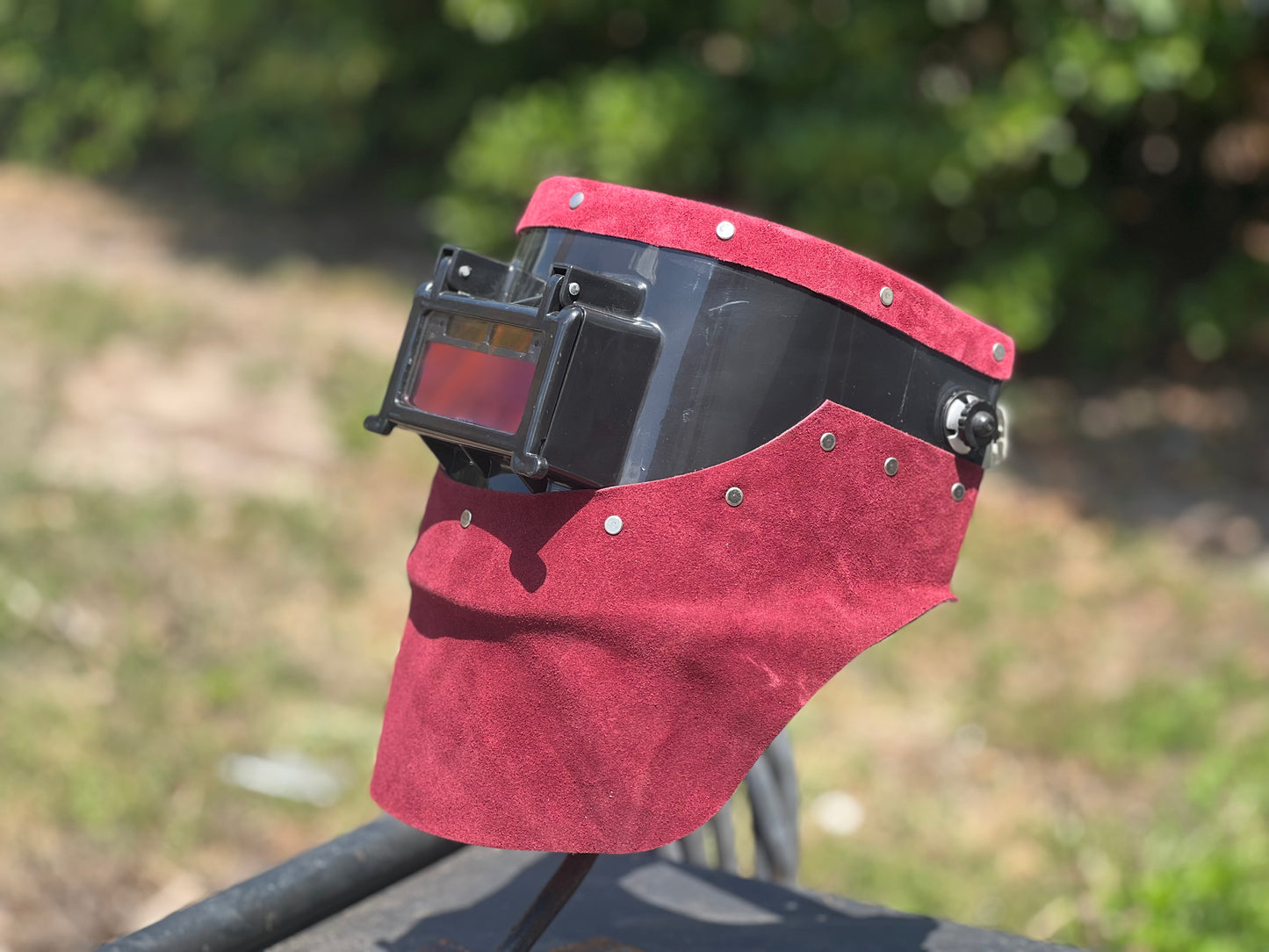 Maroon leather flip lense auto darkening welding custom helmet